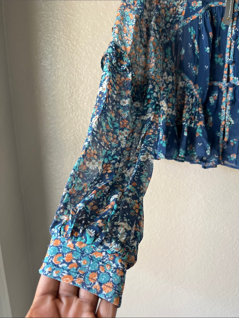 Anthropologie Navy Floral Peasant Blouse with Ruffle Tiers Sz S Boho Vacay - Picture 5 of 10